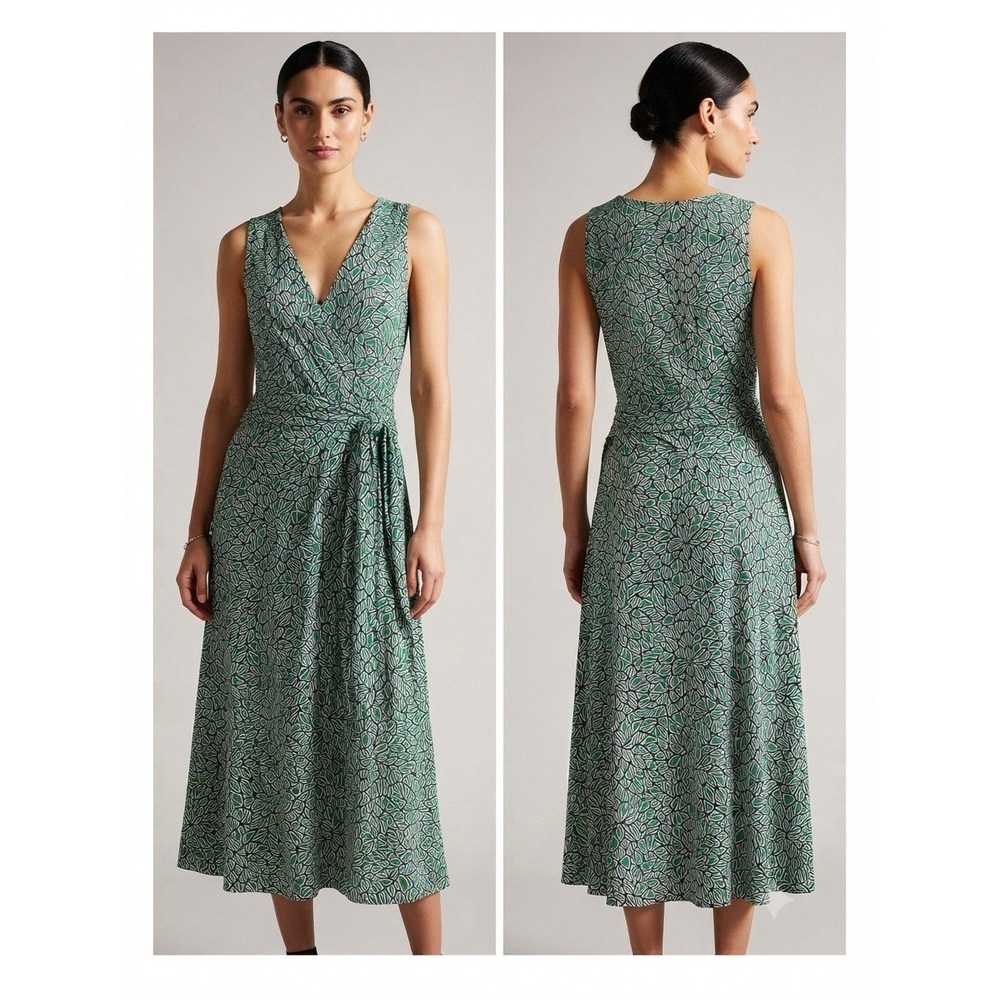 North Styles Geometric Leaf Print Sleeveless Wrap Dress Green Black White Sz XL